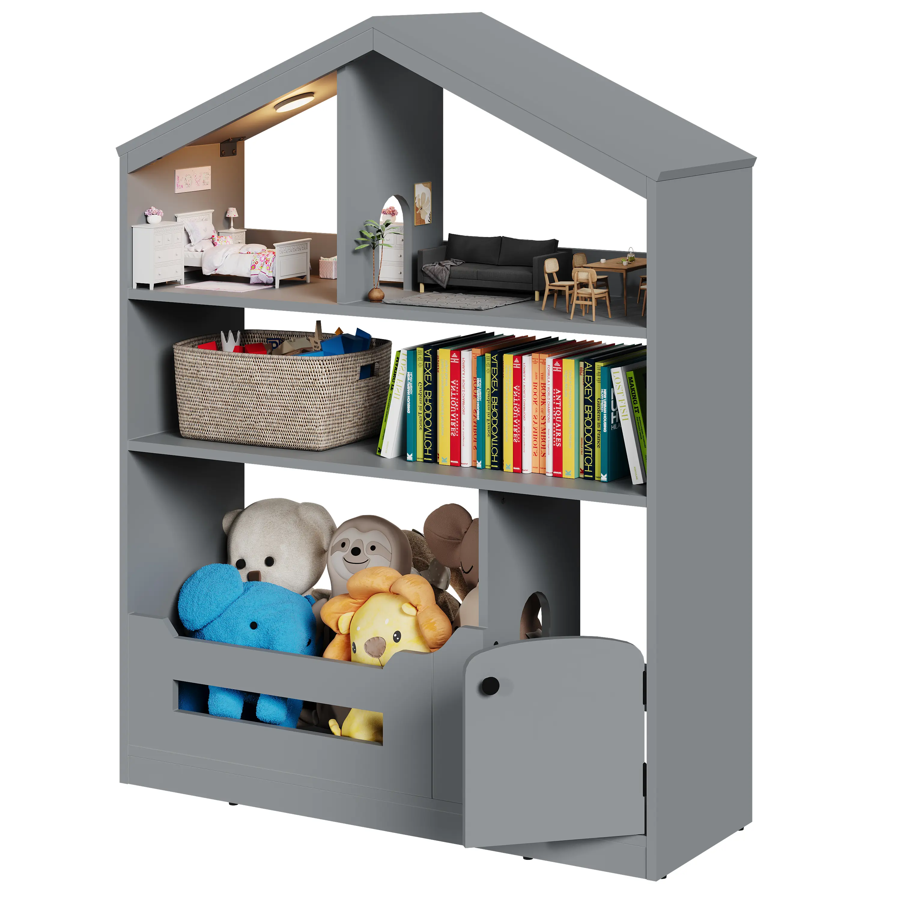 Kids Bookshelf and Toy Storage,3-Tier Kids Bookshelf with Toy Storage and Motion Sensor Lights | Kids Bookshelf, Toy Storage Organizer, House Shaped Book Shelf