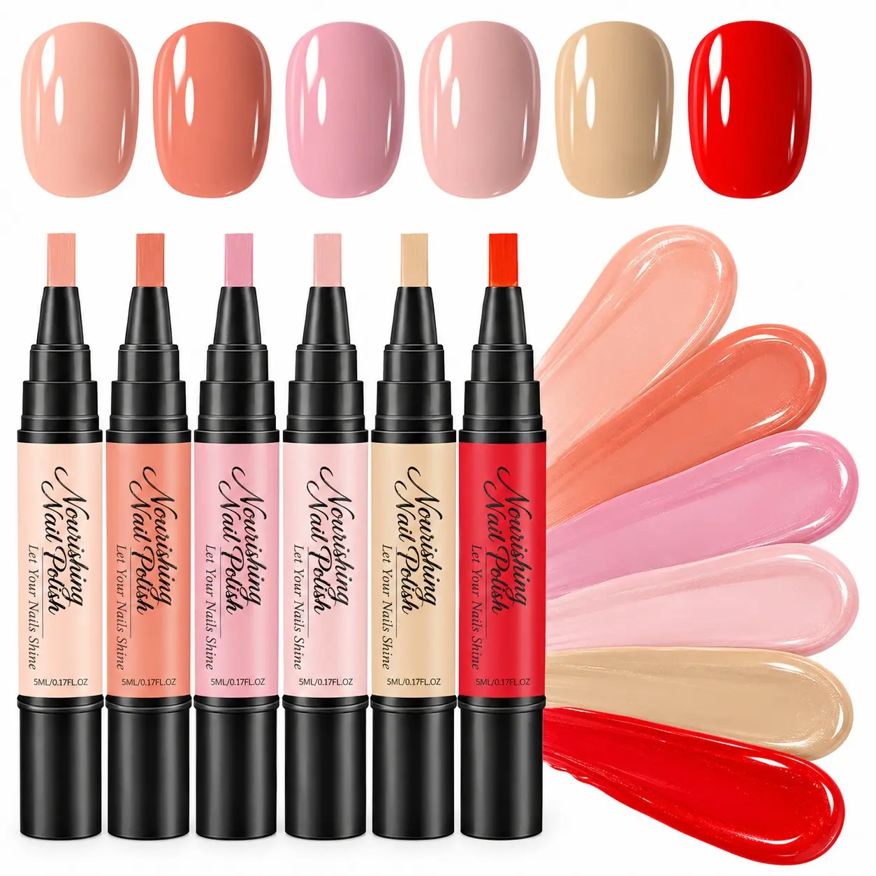6 colors nourishing gel nail polish pen set, featuring nude pink, coral orange, bean paste pink, soft matte pink, milk tea, and bright red—a variety of versatile everyday shades to choose from. The innovative pen-style design Nail Art