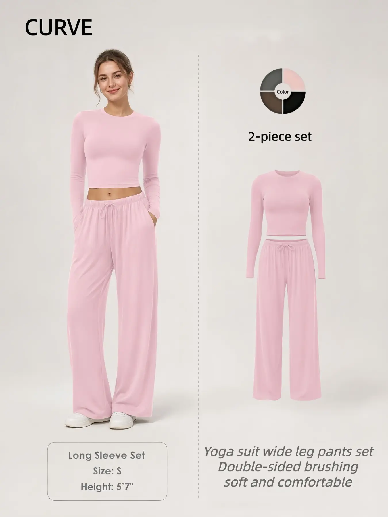 CURVE Women's 2 PieceBasic Two-Piece Homewear Set, Nightwear, Soft Skin-Friendly Breathable Long Loungewear Outfit, Long Sleeve Crew Neck Crop Top + Low Rise Drawstring Wide Leg Pants, Soft High Stretch Active Set for Yoga Workout Daily Casual