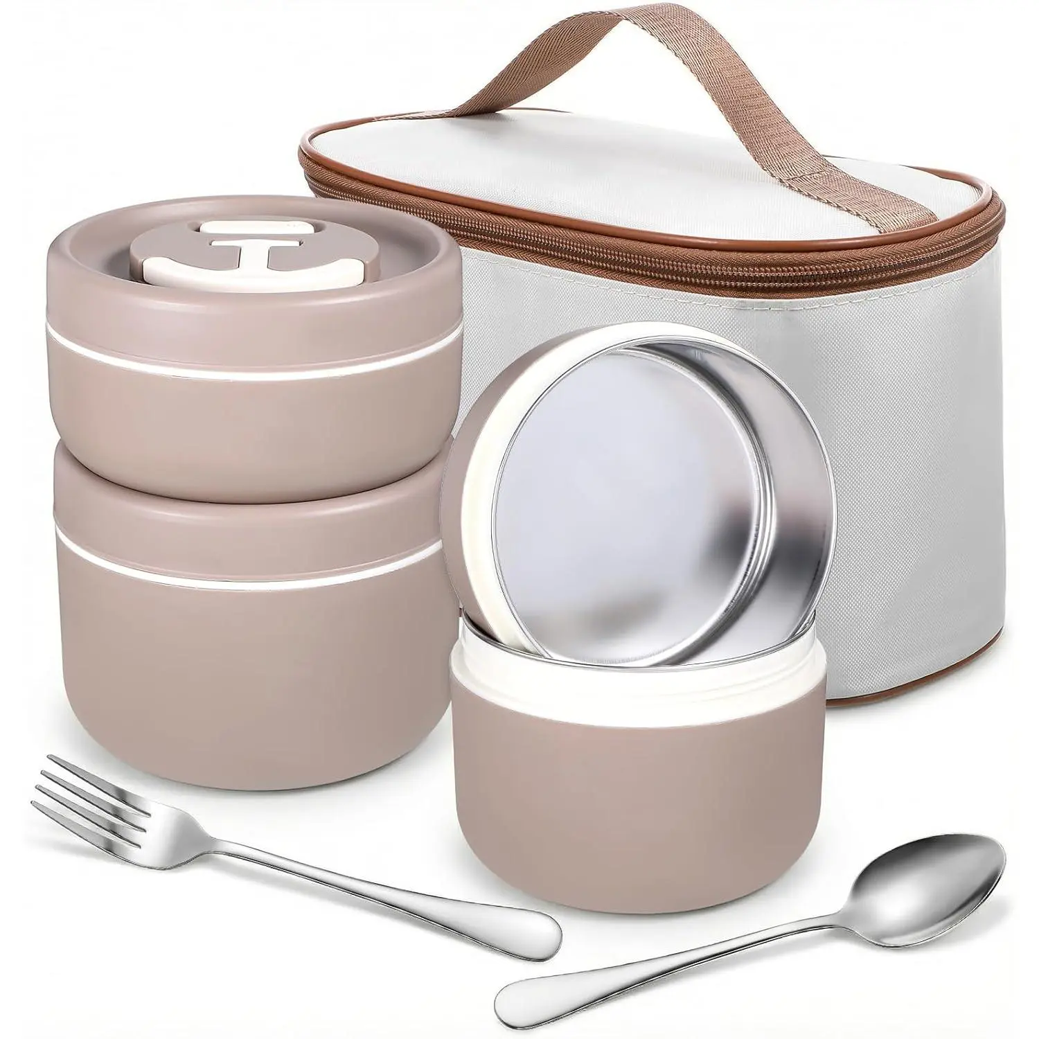 4 Pcs Insulated Bento Box with Insulated Bag Fork Spoon, 74 oz Leak Proof 304 Stainless Steel Food Container Khaki Stackable Thermal Lunch box Bringing Food to Office Picnics