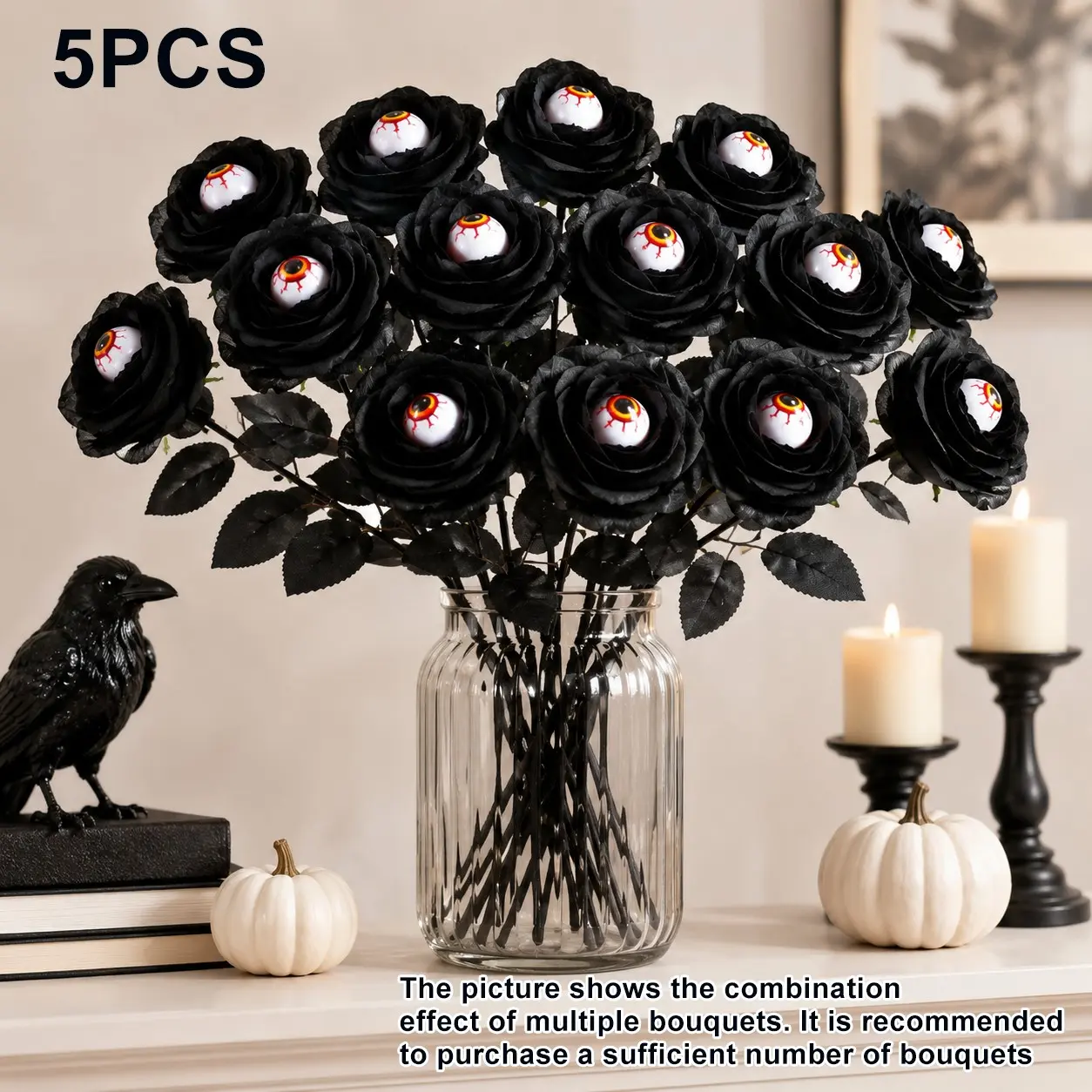 5pcs Halloween Roses with Eye Center, Gothic Floral Arrangements, DIY Bouquets, Haunted House Decor, Party Centerpieces