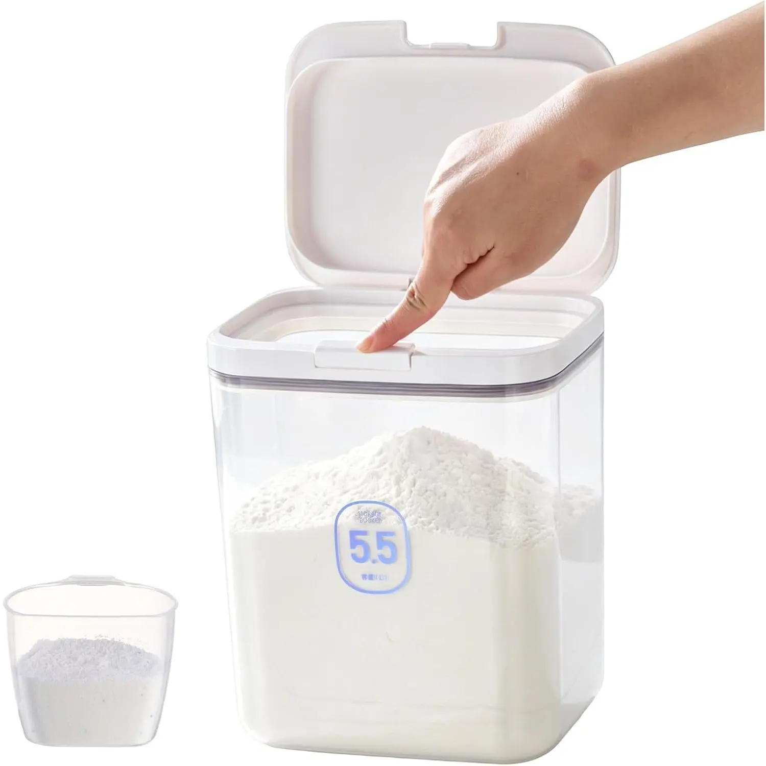 MUAZ Laundry Pods Storage Container - Washing Pods Storage with Pop-up Lids, Clear Box with Scoops, 8 Stickers - 5.5L/12Lbs(270 Pods) Large Organizer for Detergent Pods, Powder