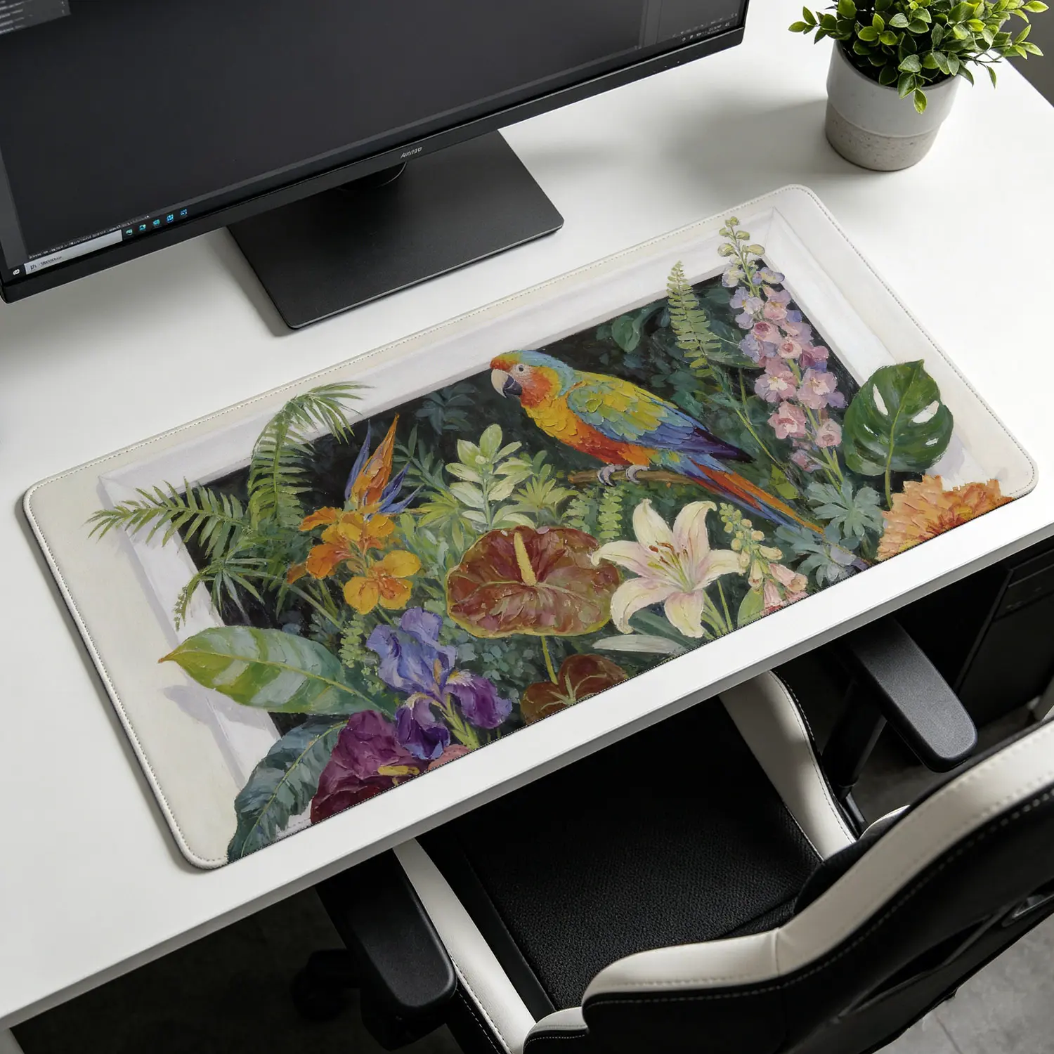 Premium Macaw Parrot Tropical Art Gaming Mouse Pad with 3D Banana Design, Stitched Edges, Non-Slip Rubber Base, Multi-Size (35.4x15.8in, 31.5x15.8in, 31.5x11.8in, 27.5x11.8in) for Office Work & Daily Play, Durable Comfort