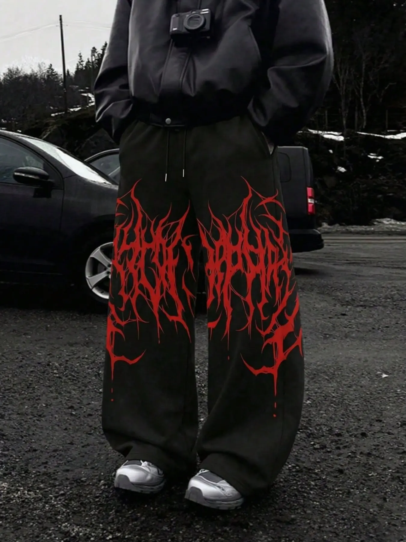 2026 Hot Selling Men Red Gothic Font Print Wide Leg Sweatpants, Black Drawstring Loose Straight Casual Trousers, Dark Punk Metal Streetwear Pants, Y2K Hip Hop Bottoms Suitable For Daily Street Look, Rock Concert, Dating, Outdoor Party Spring Autumn Fashio
