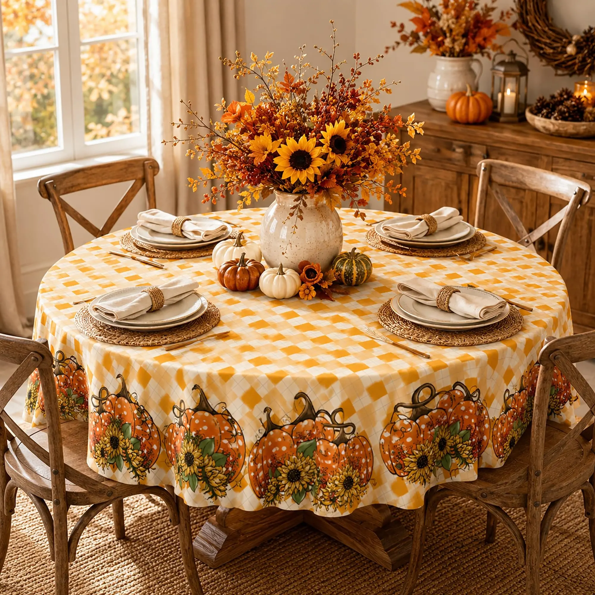 Autumn Round Tablecloth, Pumpkin Sunflower Thanksgiving Tablecloth, Polyester Fall Tablecloth for Round Dining Tables, Kitchen, Parties, Picnics, Harvest Farm Decor