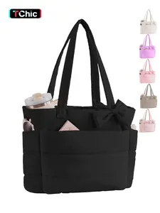 Valentine's Day Puffer Tote Bag for Women, Quilted Bow Tote Bag, Quilted Work Bags, Teacher Work Bag, Lightweight Tote Bag, Casual Commuter Bag with Cup Holder & 15.6 In Laptop Compartment for Work, Travel, Gym, College, Valentine's Day gifts