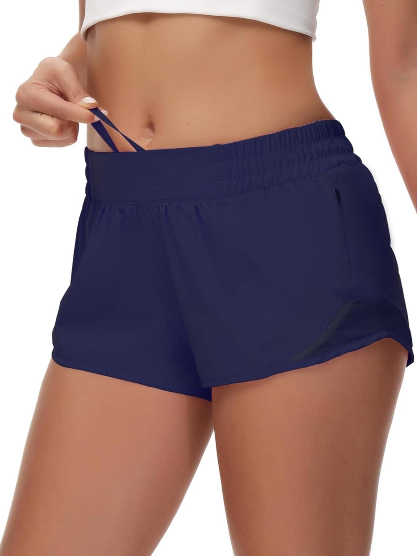 Women's Solid Drawstring Waist Gym Shorts, Breathable Quick Drying Zipper Pocket Sports Shorts for Cycling Running, Ladies Sportswear for All Seasons, Activewear