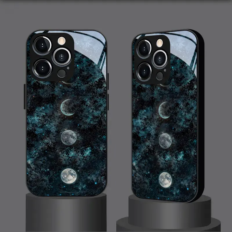 Tempered Glass Smartphone Casing, Moon Phase & Constellation Design Phone Accessory for iPhone 17 Air, 16, 15 Pro Max, 14 Plus, 13, 12, 11 - Black High-End Business Style Protective Cover for Cellphone Devices