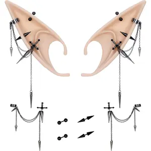 2 Pairs of Fairy Elf Ears with Sliver Piercings - Gothic Elf Ear Cuffs Skull Rose Cross Studs Sterling Earrings