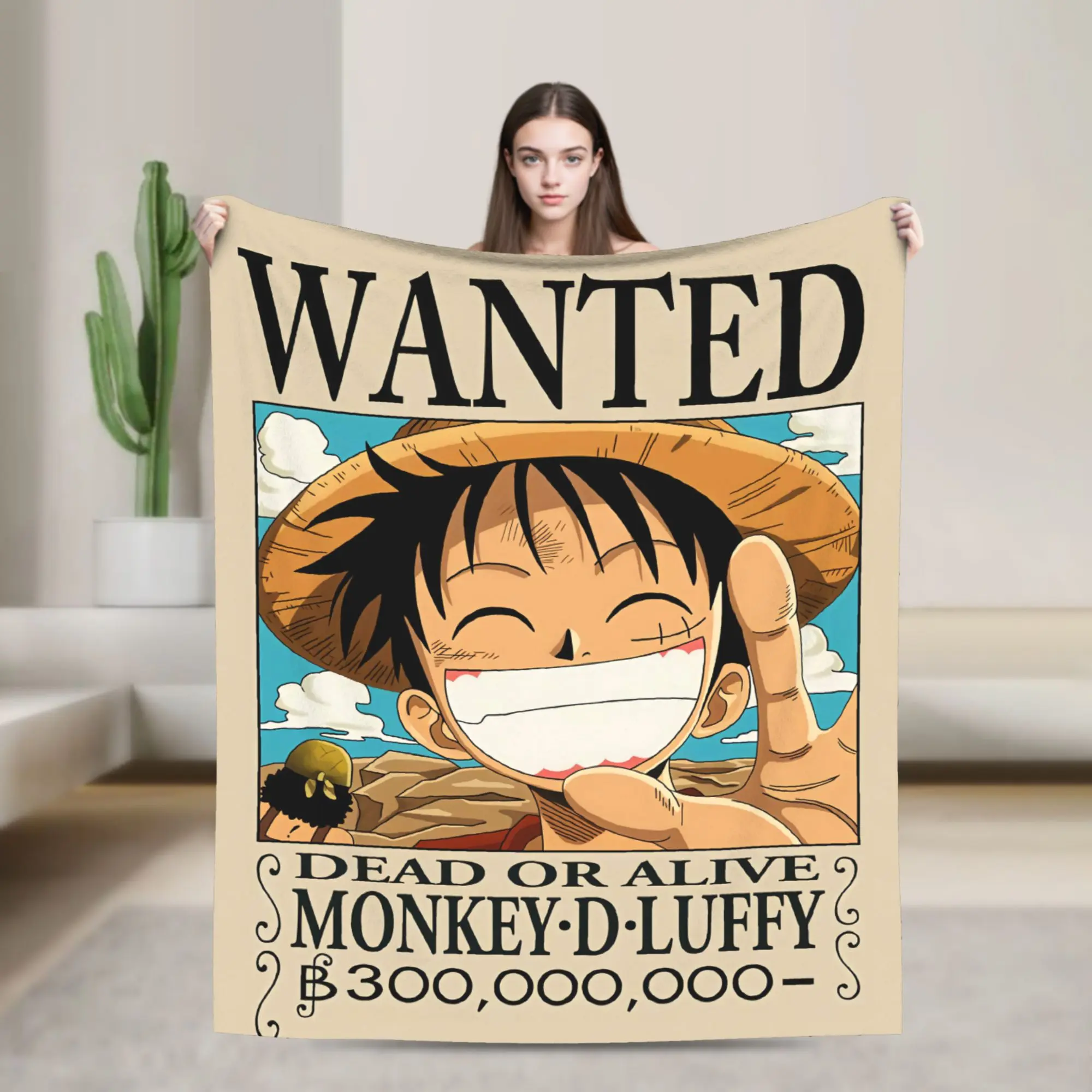 One Piece Monkey D Luffy Wanted Poster Flannel Blanket, Soft Lightweight Anime Throw Blanket Decor