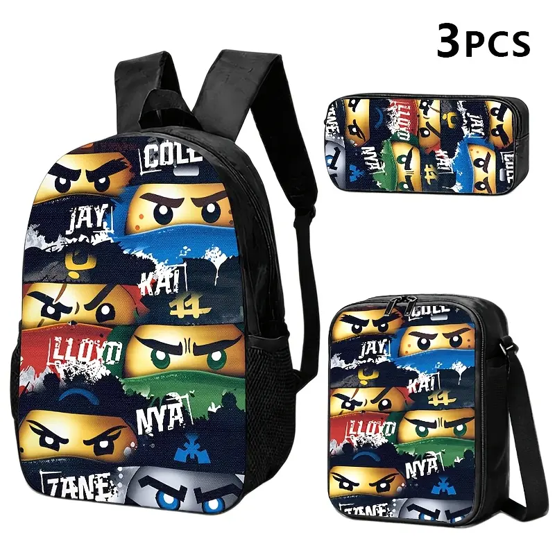 Durable Water Resistant 3-Piece Kids Backpack Set, Lightweight School Bag with Lunch Box & Pencil Case, Ninjago Multi Ninja Character Graffiti Collage Print, 600D Oxford, Breathable Padded Straps, Fits 15-inch Laptop