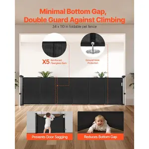 VEVOR Retractable Baby Gate, Extends to 120 inch Extra Wide, 38.5 inch Tall, with Reinforced Fiberglass Strips, Avoids Crawling Through, Mesh Dog Gate for Decks, Doorways, Garages, Indoor, Black