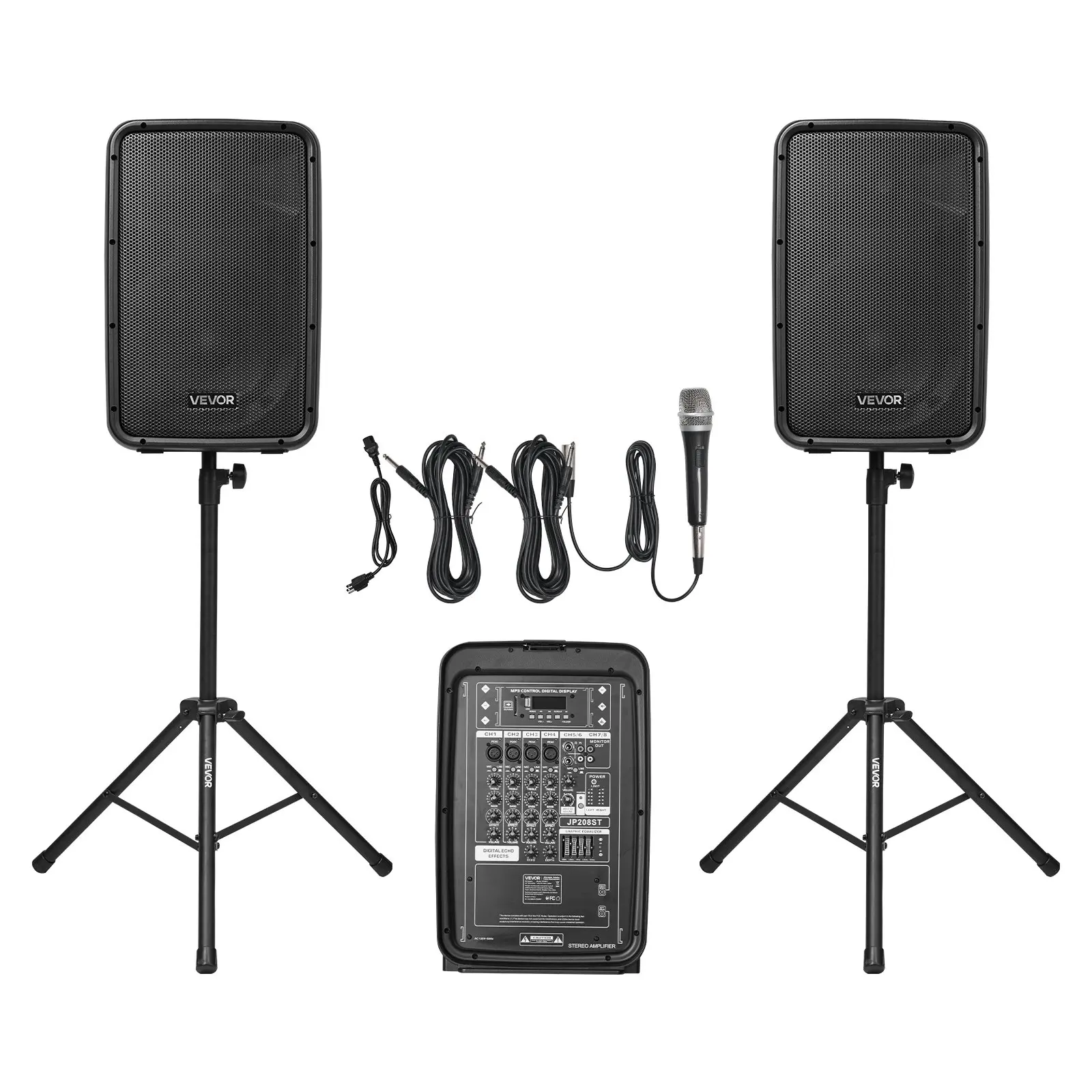 【DealsForYouDays】VEVOR Portable PA System, 300W Powered, Sound System Set with 8 Channel Mixer, Dual Speakers, Wireless Bluetooth, Microphone, Compact Stands, USB SD XLR RCA Inputs, Remote Control, for DJs Events