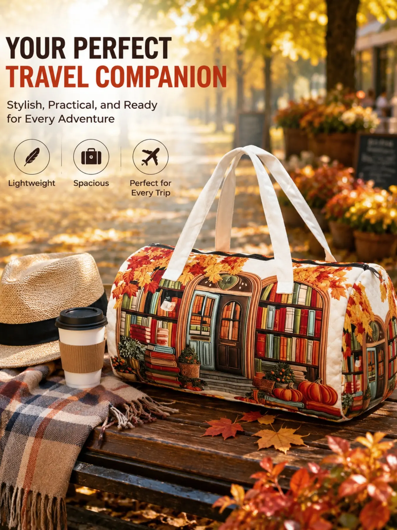 Autumn Maple Leaf Pumpkin Bookstore Landscape Duffel Bag, Large Capacity Travel Bag with Reinforced Handles, Smooth Zipper, All Seasons