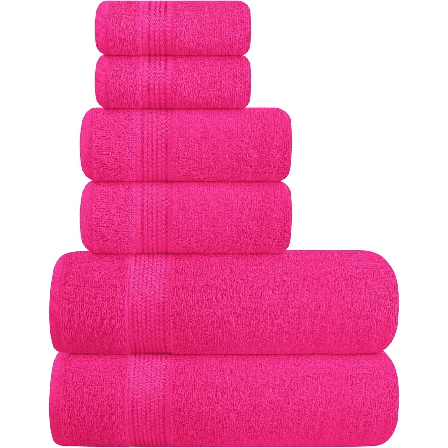 Ultra Soft 6 Pack Cotton Towel Set, Contains 2 Bath Towels 28x55 inch, 2 Hand Towels 16x24 inch & 2 Wash Coths 12x12 inch, Ideal Everyday use, Compact & Lightweight - Hot Pink