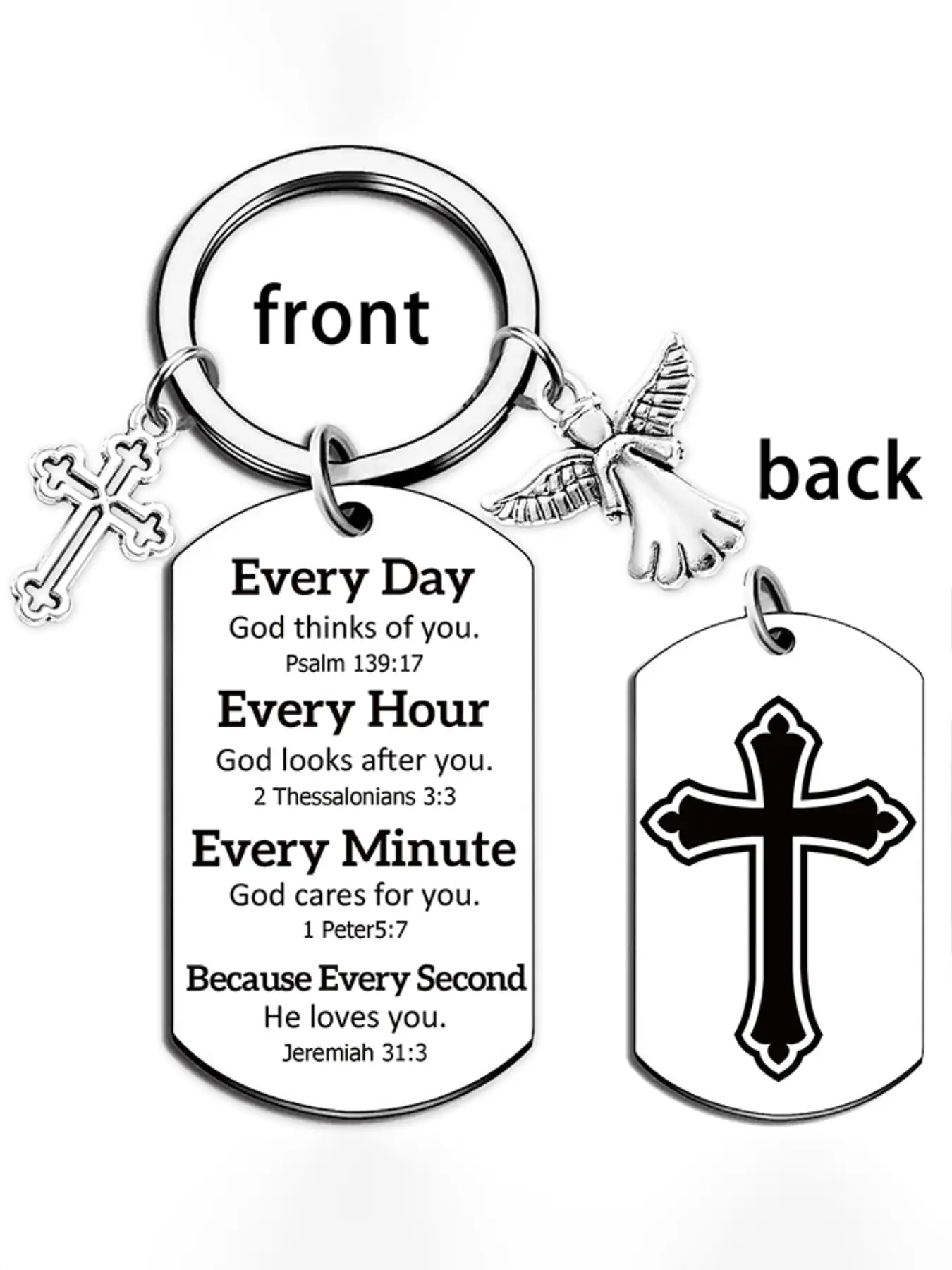 Double-Sided Bible Verse Keychain, Front Heartfelt Scripture, Back Large Cross, Includes Cross & Angel Charms, Christian Gift for Baptism, Confirmation