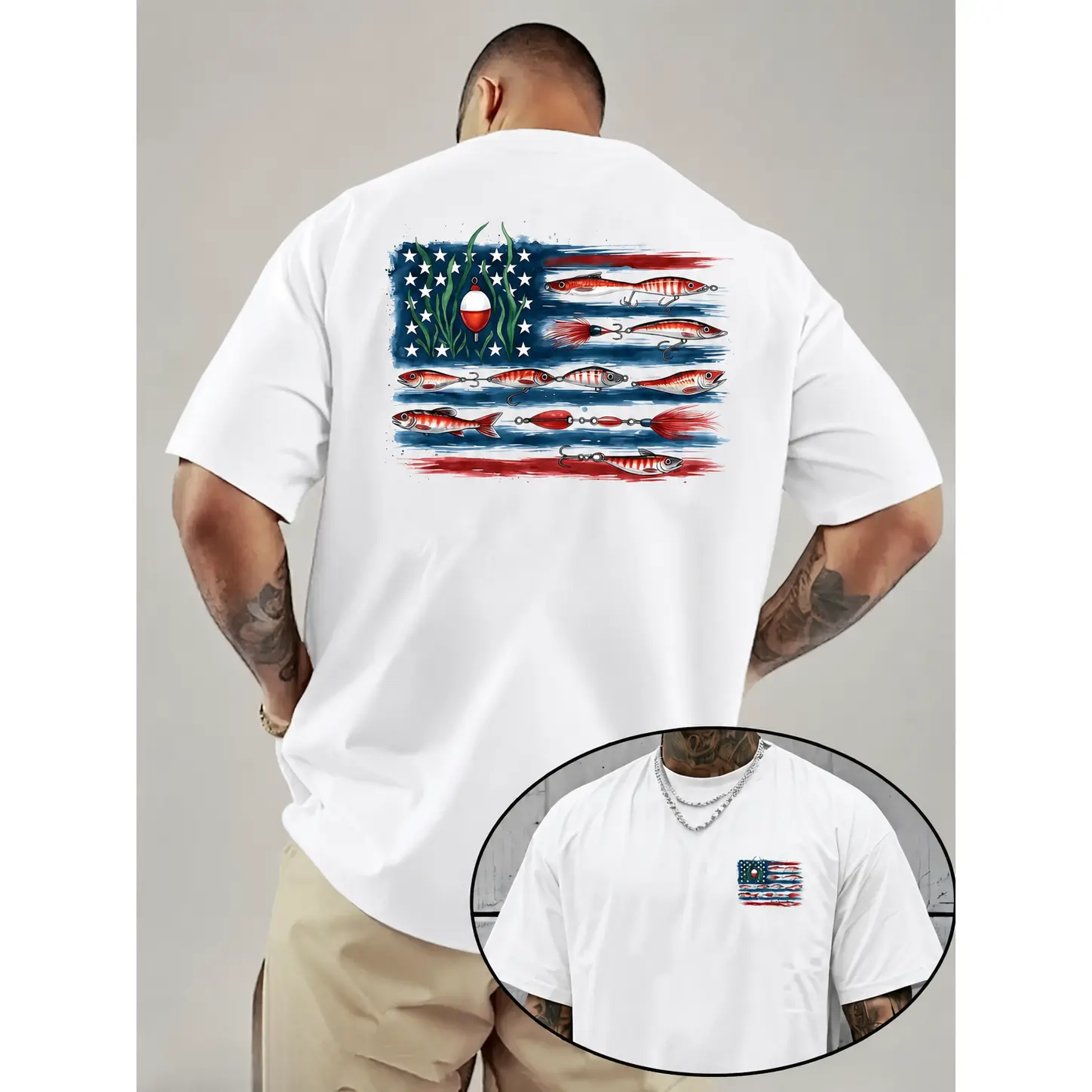 American Flag And Fish Print Short-Sleeve T-Shirt. The Design Combines The American Flag with Fishing Elements, Making It Suitable for Outdoor Fishing Enthusiasts in Summer. It'S a Great Father'S Day Gift Or a Special Present for Fishing Lovers.
