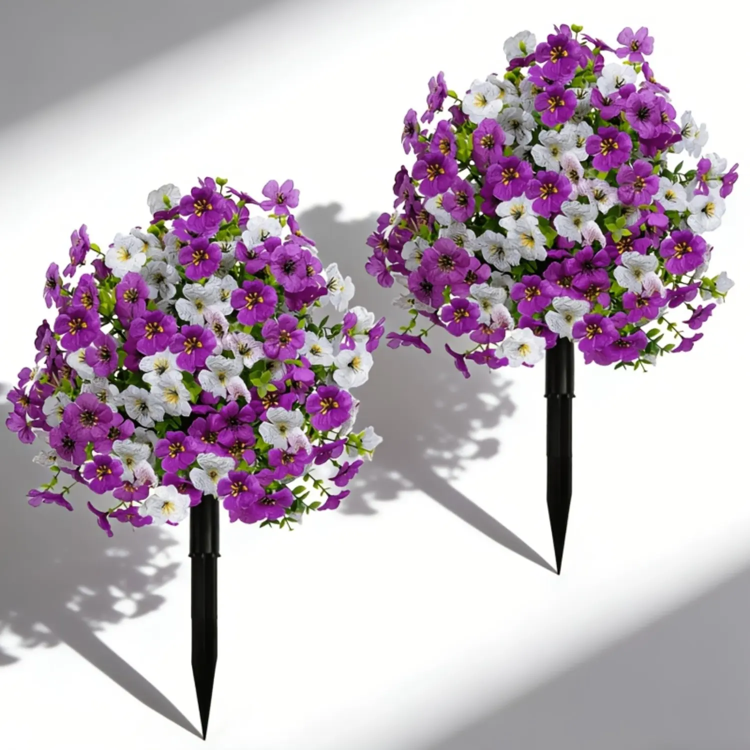 2 pieces - realistic purple-white violet flower potted plants with ground stakes. Sunproof and non-fading - lifelike, outdoor garden decoration artificial flowers, garden landscaping floral art.