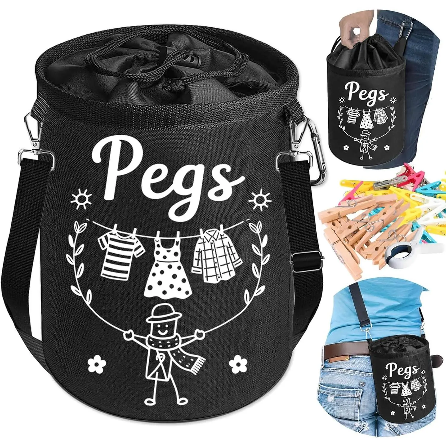 Clothes Pin Hanging Bag Outside with Hooks, Closing Cord and Shoulder Strap, Waterproof Clothespin Bag Holder Multiple Hanging Methods for Clothesline Laundry Peg Clip Organizer Outdoor Storage Use