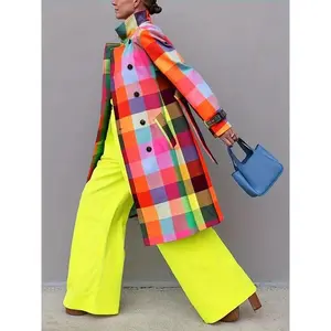 18ACTIVEKITWomen's colorful checkered trench coat with button down waistband design, machine washable polyester outerwear