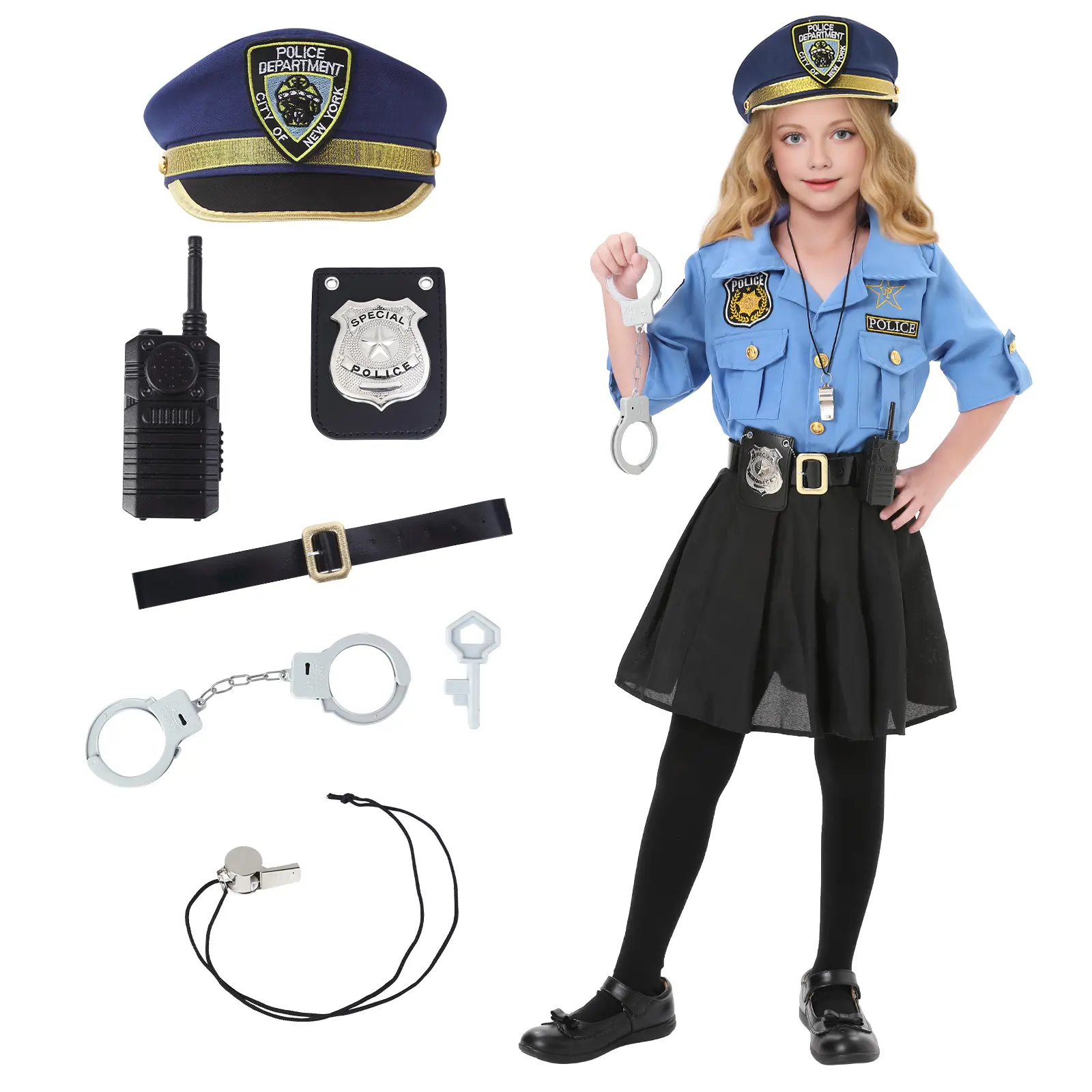 Durable & Hand Washable – Girls Police Officer Costume – Kids Cop Uniform Dress Up Set – Ideal for Pretend Play, Roleplay, Halloween, Parties