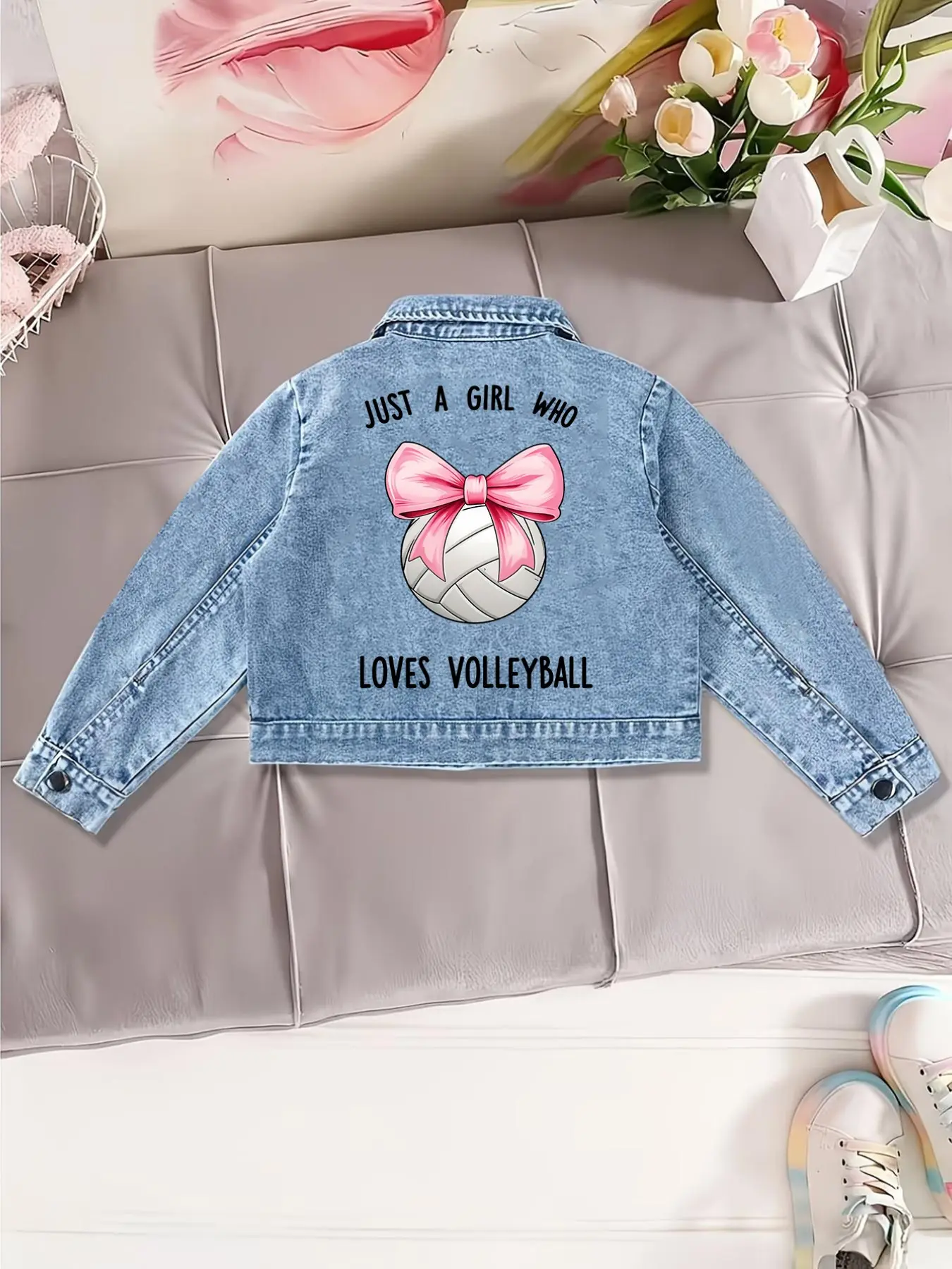 Girls' Spring & Fall Thin Denim Jacket, Bow Volleyball English Print, Casual Fitted Long Sleeve Top, No Zipper, Full Placket Design