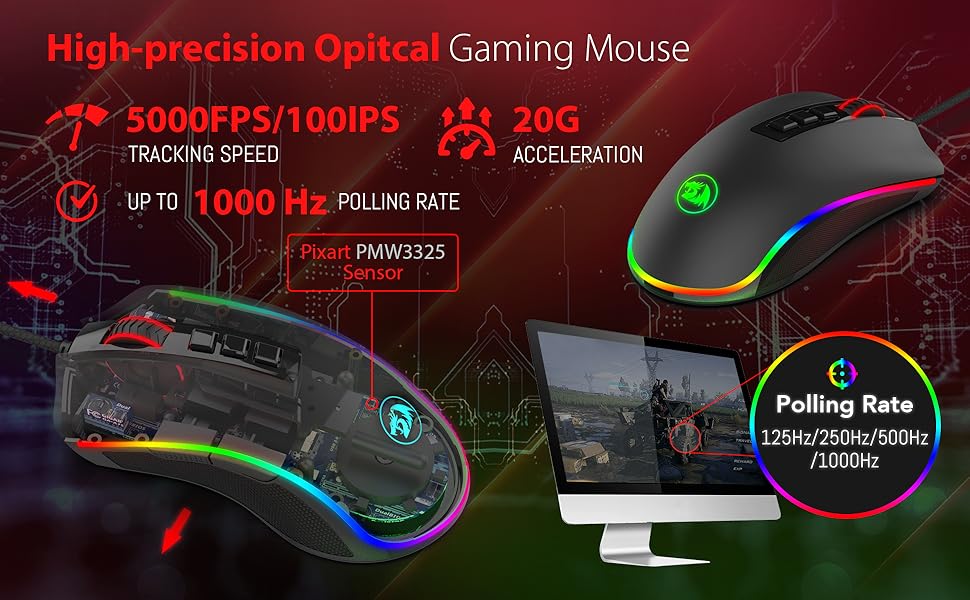 Redragon M711 Cobra Gaming Mouse with 16.8 Million RGB Color Backlit, 10,000 DPI Adjustable, Comfortable Grip, 7 Programmable Buttons