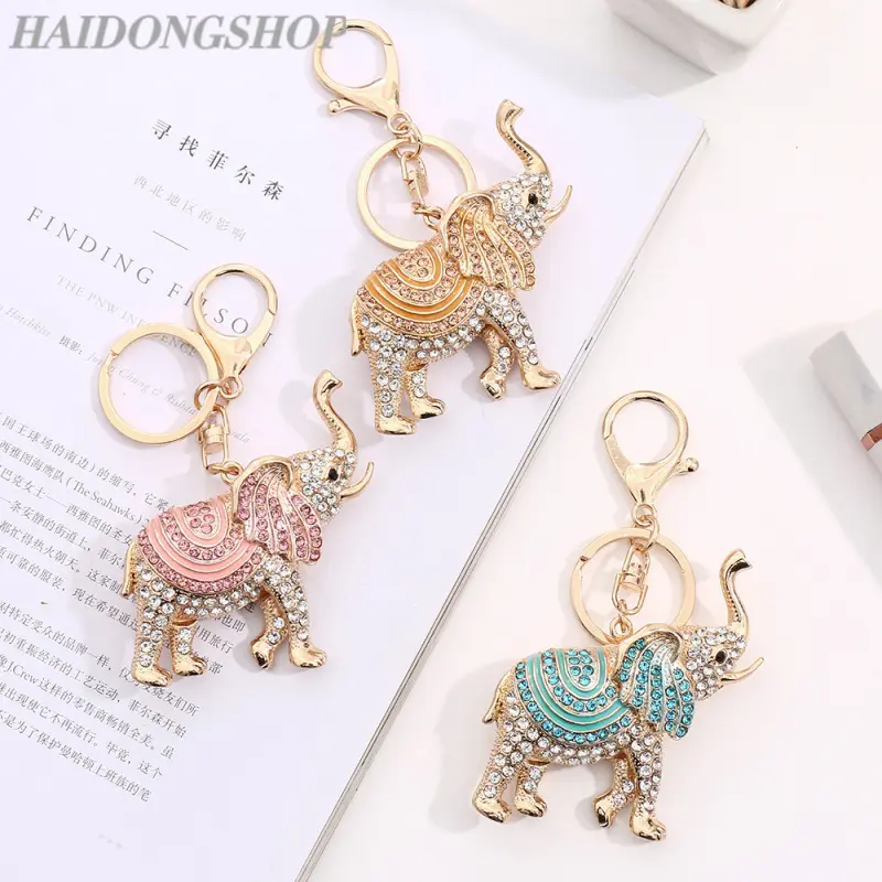 Gold Tone Full Rhinestone Elephant Keychain Bag Charm 3 Colors Luxury Auspicious Bag Accessory for Women