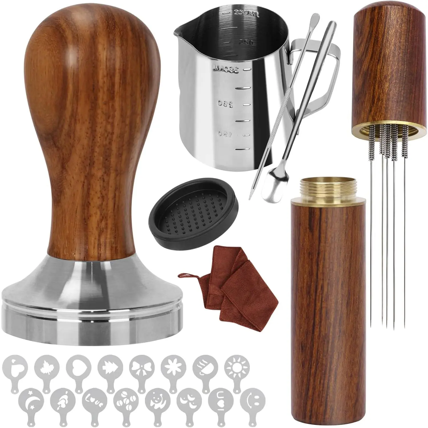 23-piece coffee tamper set, espresso accessory set, includes a 51mm espresso tamper, coffee stirrer, frothing pitcher, tamper mat, latte art pen, and a sandalwood tamper for espresso machines