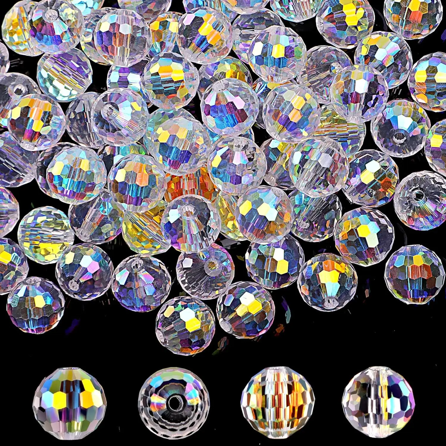 Glass Beads for  Making, 80 count Faceted Beads, 10 mm, AB | Iridescent Glass Beads Bulk for Craft Necklace Bracelet Earring, Small, Round, Sparkly and Shiny, with a Hole, Packed in Box