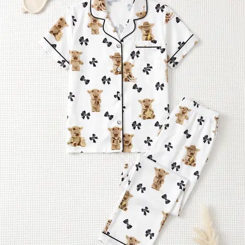 Women's 2-Piece Pajama Set, Short Sleeve Button-Up Shirt and Pants, Casual Home Wear, Loungewear, All over Print, Ankle Length, All Seasons