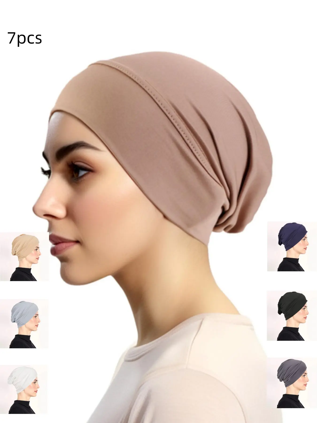 7pcs Ethnic Elastic Turban Hats, Plain Color Base Caps, Hijab Undercap, Chemotherapy Hair Protection Hats, Casual Fitted Headscarfs for All Seasons
