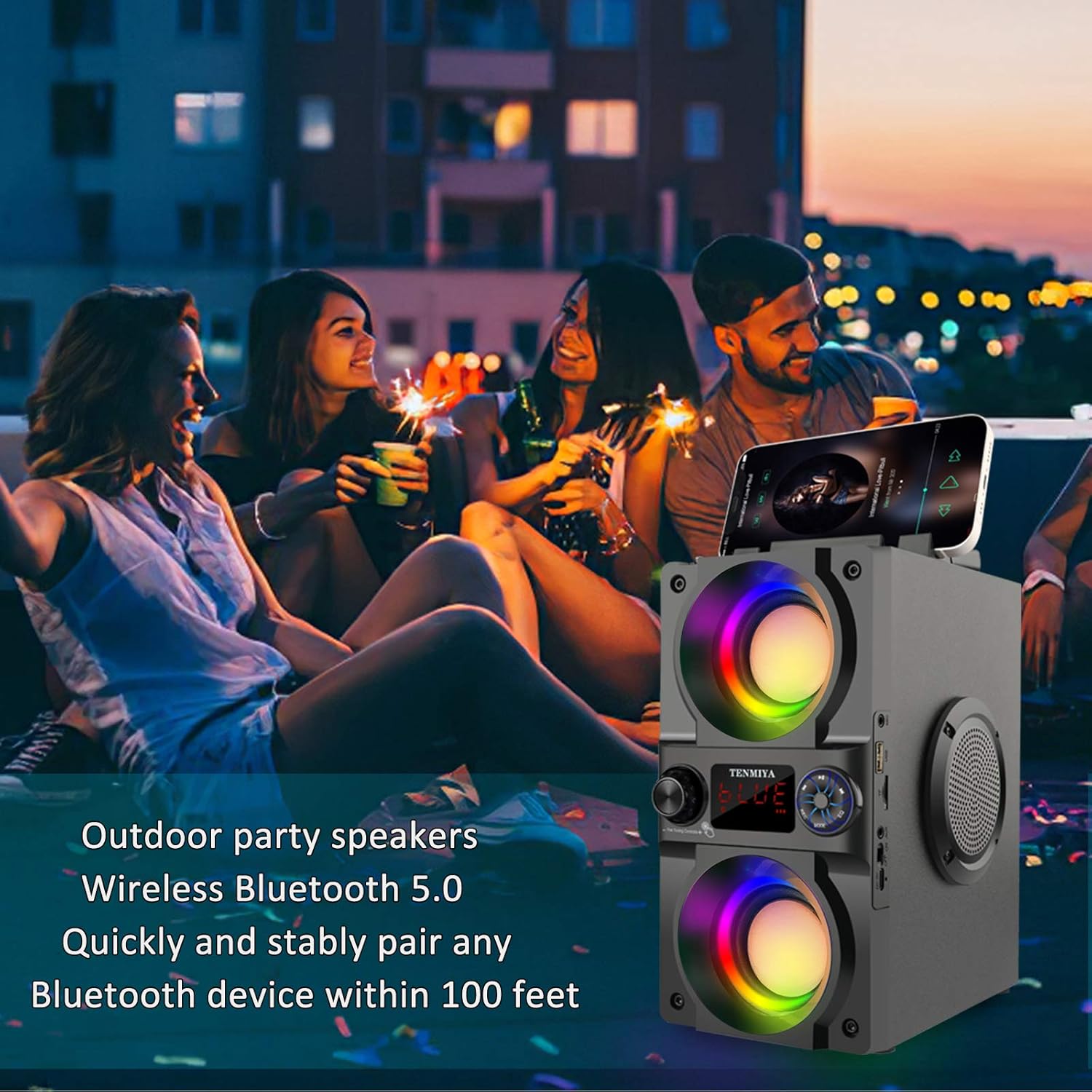 Bluetooth Speaker, 40W (60W Peak) Portable Wireless Speaker with Colorful Lights, Double Subwoofer Heavy Bass, FM Radio, MP3 Player, Bluetooth 5.0, Loud Stereo Speakers for Home Outdoor Party Camping for Gifts