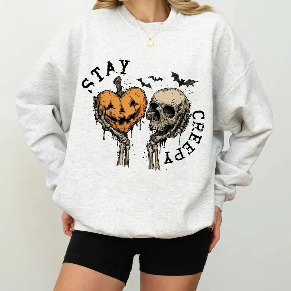 Graphic Hoodie Hoodies for Women Essential Hoodie, Mock Neck Sweatshirt Stay Creepy Halloween Skull Pumpkin Bat Graphic Pullover, Casual Fall Spooky Party Outfit Soft Fleece Oversized Long Sleeve Crewneck Women Sweatshirt