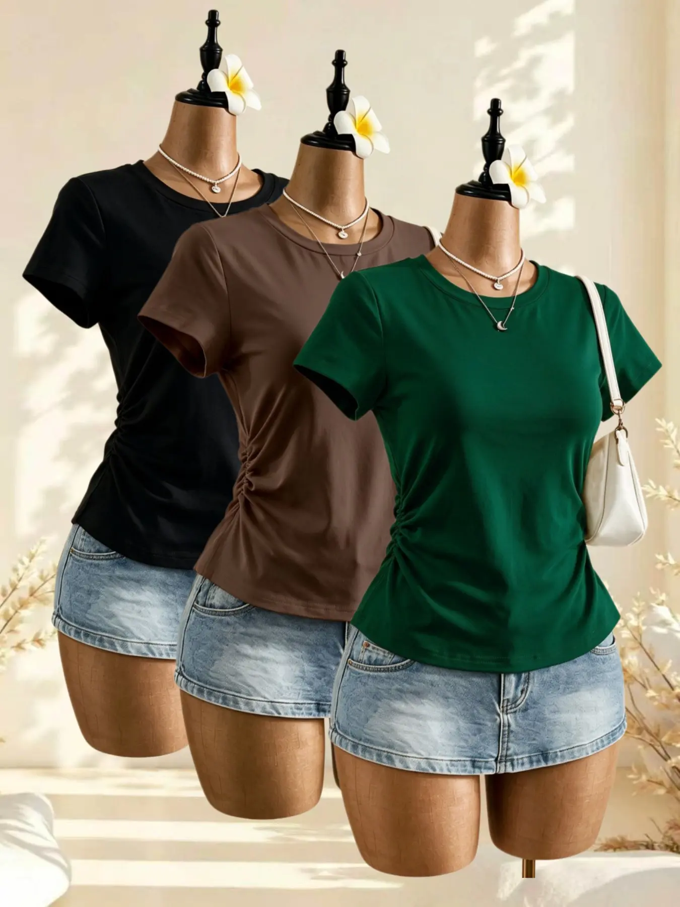 Simple Solid Color Pleated T-Shirt, Fitted Waist Slimming Round Neck Shoulder Short Top, Versatile Casual Commuter Short Sleeve Three-Piece Set