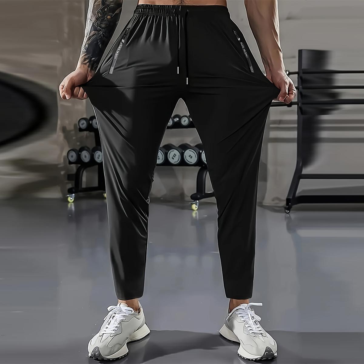 Men's summer quick-dry stretch ice silk long pants, lightweight and breathable sports ice silk long pants, with zipper printed pockets, elastic waistband with drawstring casual pants, suitable for gym workouts, fitness, and hiking