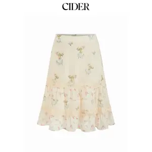 Cider Chiffon Ditsy Floral Low Rise Tiered Lace Trim Midi Skirt Bohemian Boho