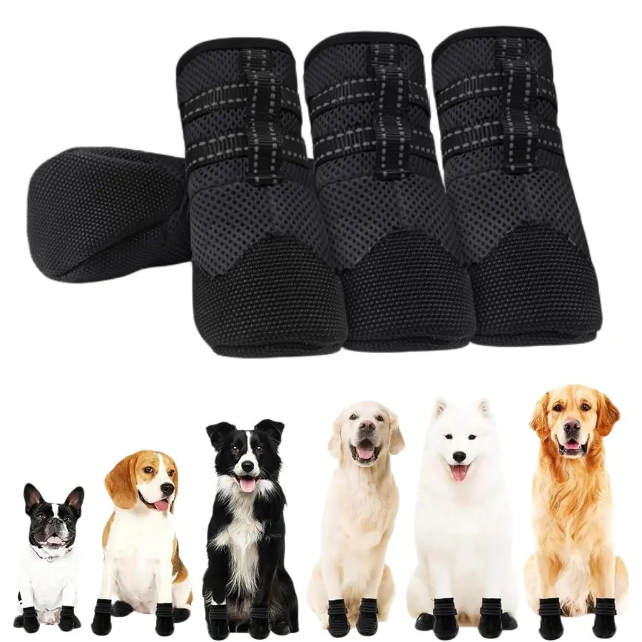Dog Boots with High Vis Reflective Double Fastening Straps, Wear Resistant Non Slip Rubber Sole Pet Paw Protector Shoes, Adjustable Anti Slip Off Puppy Booties for Small Medium Dogs, Outdoor Night Walking, Hot Ground, Gravel & Post Injury Paw Care