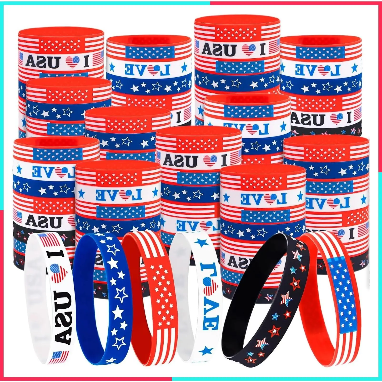 144PCS 4th of July Party Favors: Patriotic Silicone Rubber Bracelets Bulk USA Flag Wristbands American Memorial Day Decorations Gifts Supplies