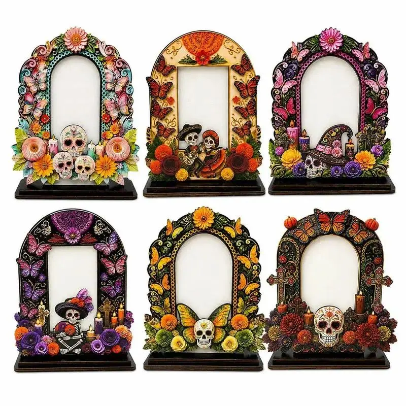 Día de los Muertos Photo Frame, Day of the Dead Sugar Skull & Butterfly Tabletop Picture Holder, Freestanding Ofrenda Altar Memorial Decor with Floral Details for Home, Remembrance Displays & Festival Decorations