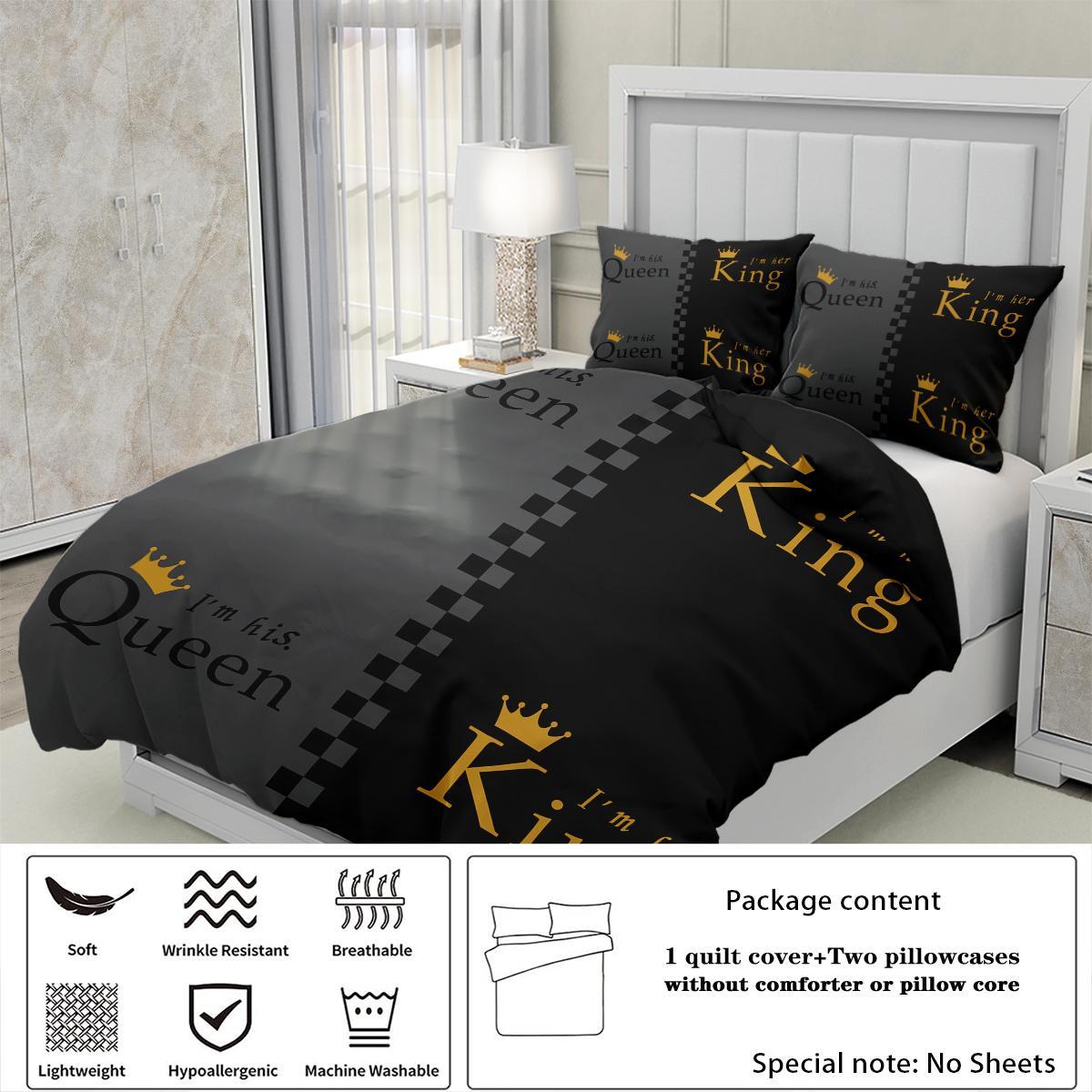 Queen Letter & Crown Pattern Bedding Set, 1 Count Bedspread & 2 Counts Pillowcase without Filler, Soft Comfortable Bedding Set for Bedroom
