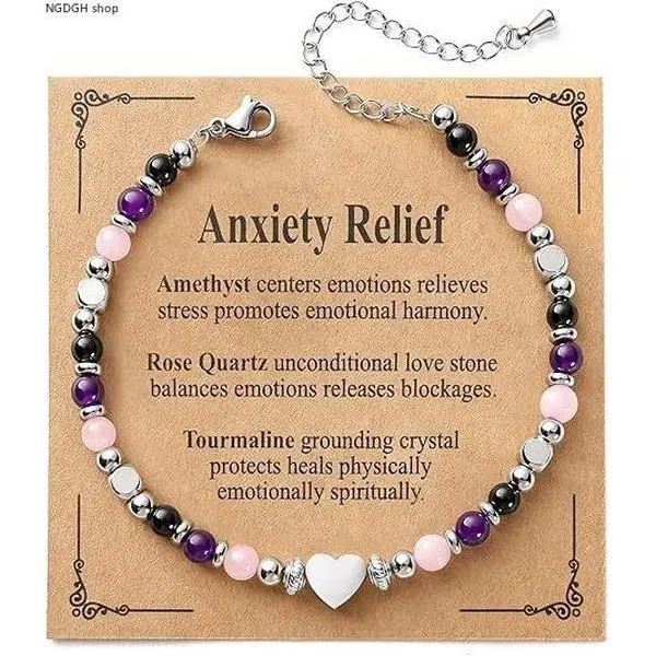 Women's Beaded Gemstone Stretch Bracelet - Amethyst, Rose Quartz, Tourmaline Stones with Heart Charm, Female Adults' Daily Wear Jewelry for Balancing Emotions & Emotional Harmony