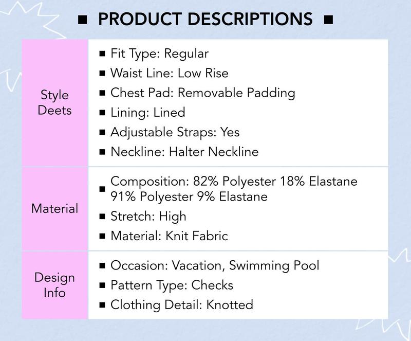 Cider Halter Neckline Check Knotted Triangle Tie Side Bikini Set With Cover Up Shorts & Headscarf