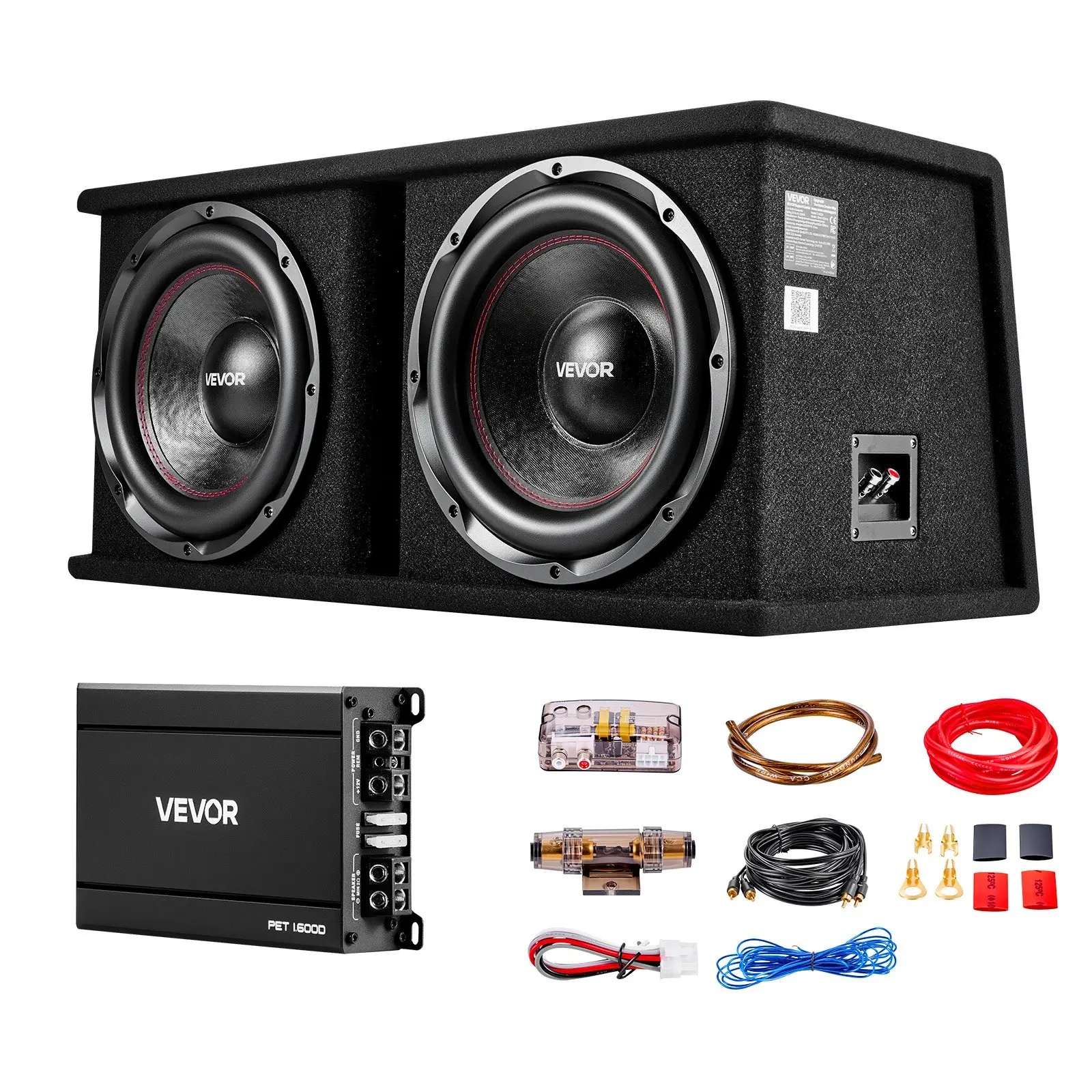 VEVOR Dual 12-in Subwoofers Car Audio System Deep Bass Package, 1200W RMS 2 Subs Kit, Loaded Enclosure, Separate Amplifier, RCA Cables, Includes Wires for Vehicle Trunks