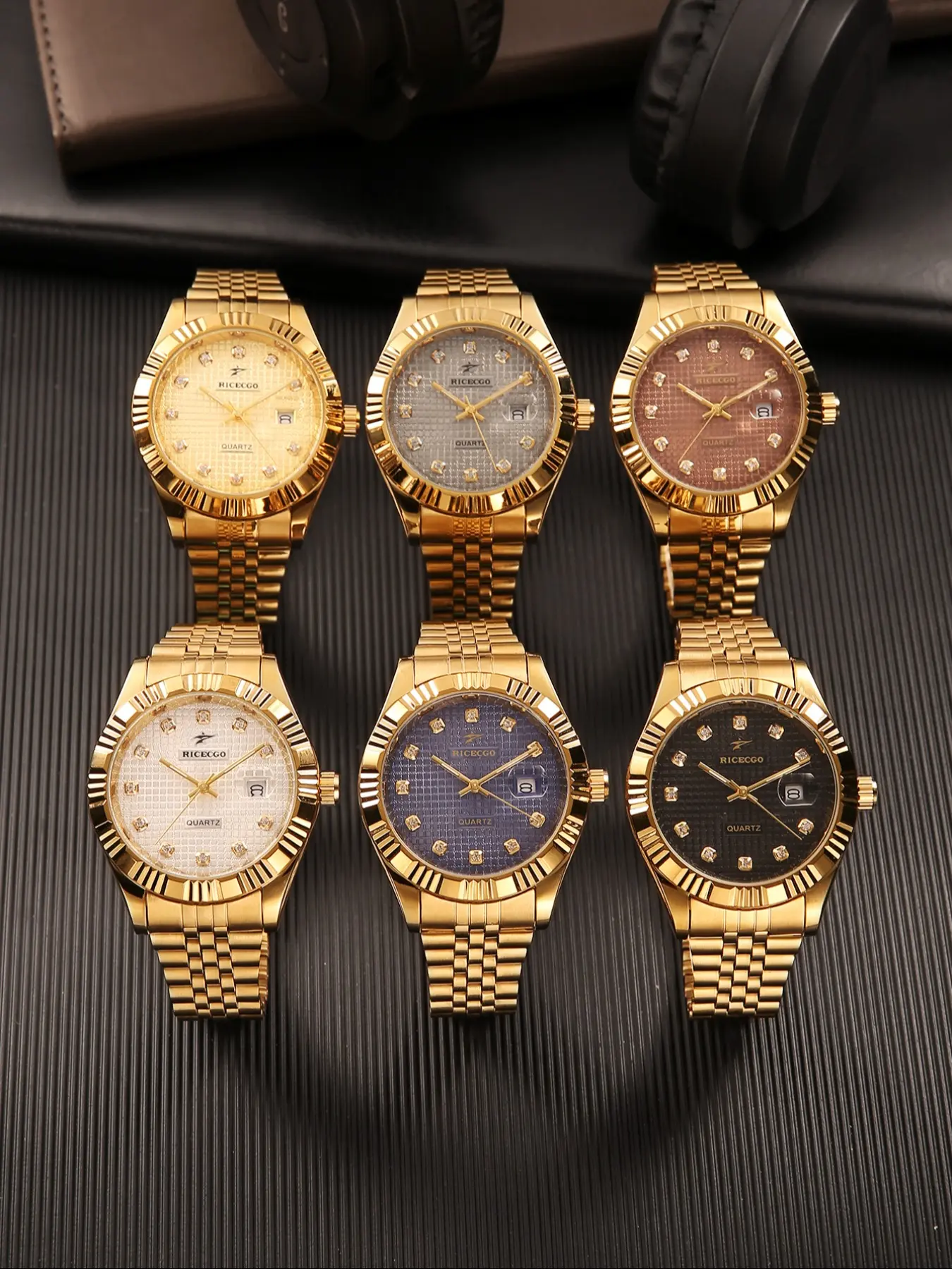 RICECGO Men's, Gold-Tone Casual Business Timepiece, Mesh Dial with Diamond Accents, Solid Gold Bracelet with 3D Bezel, Date Display, Design Suitable for Daily Commutes and Light Business Settings, Business Fashion Watch, Quartz Analog Wristwatch