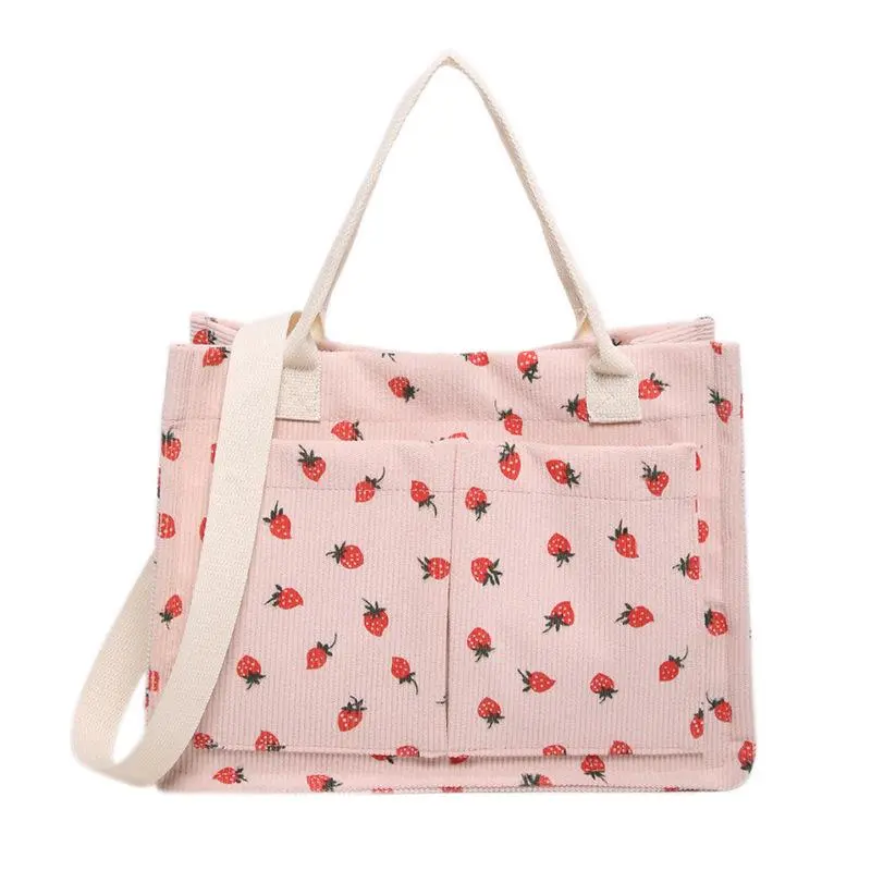 Strawberry Print Canvas Tote  for Women, Casual Large Capacity Shoulder  with Adjustable Straps and Multi-Pocket Design for Student Daily Use, , Everyday