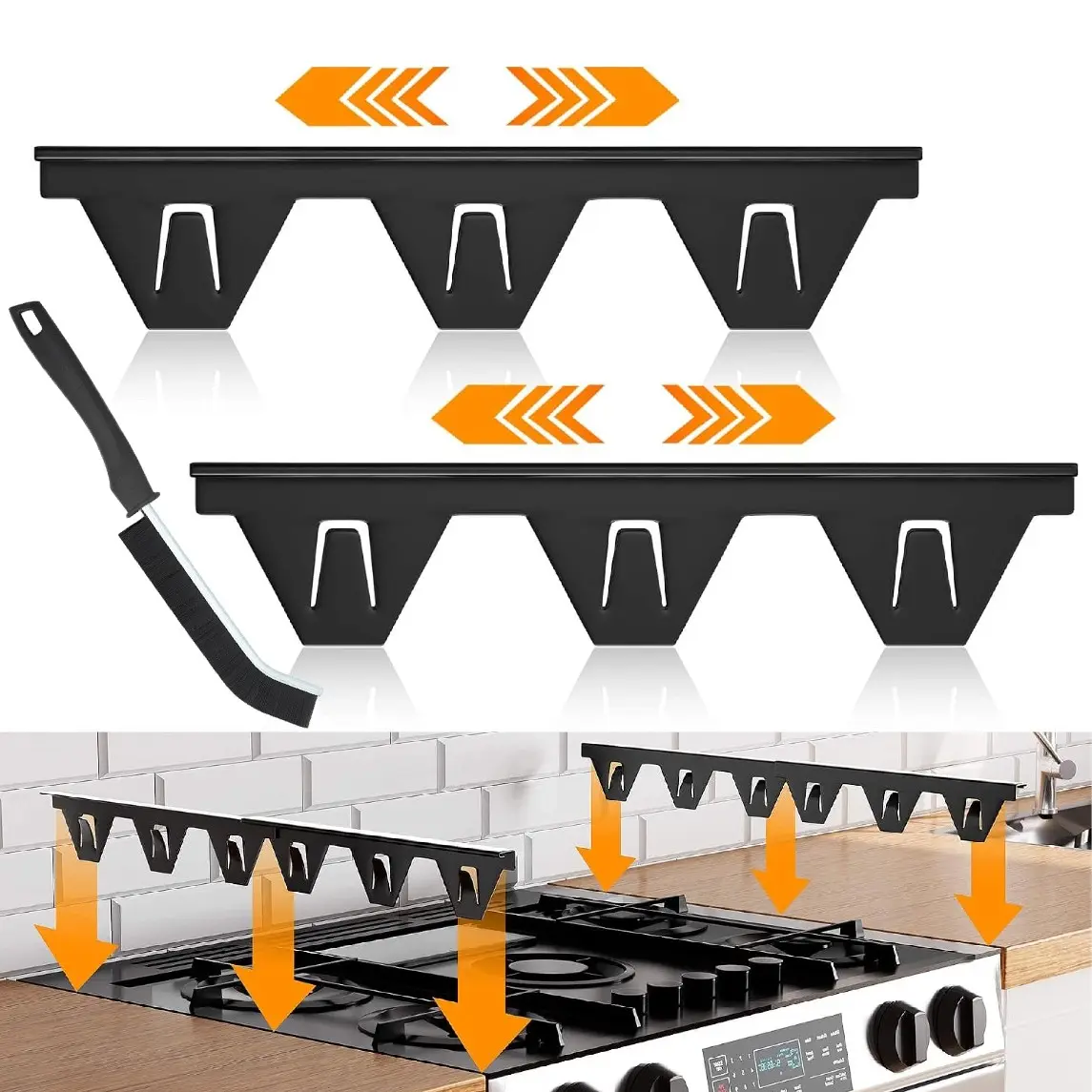 Adjustable Stainless Steel Hob Stove Cooker Gap Cover with Nylon Cleaning Brush, Kitchen Gap Filler Strip, Heat Resistant Countertop Gap Protector Cleaning Kit