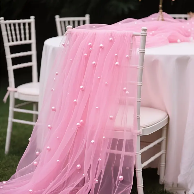 Pearl-Embellished Lace Table Runner – 29.5 x 120 inches, sheer chiffon fabric, elegant pink and white color scheme; exquisitely crafted for weddings, birthdays, and parties—ideal for reception and dining table décor.