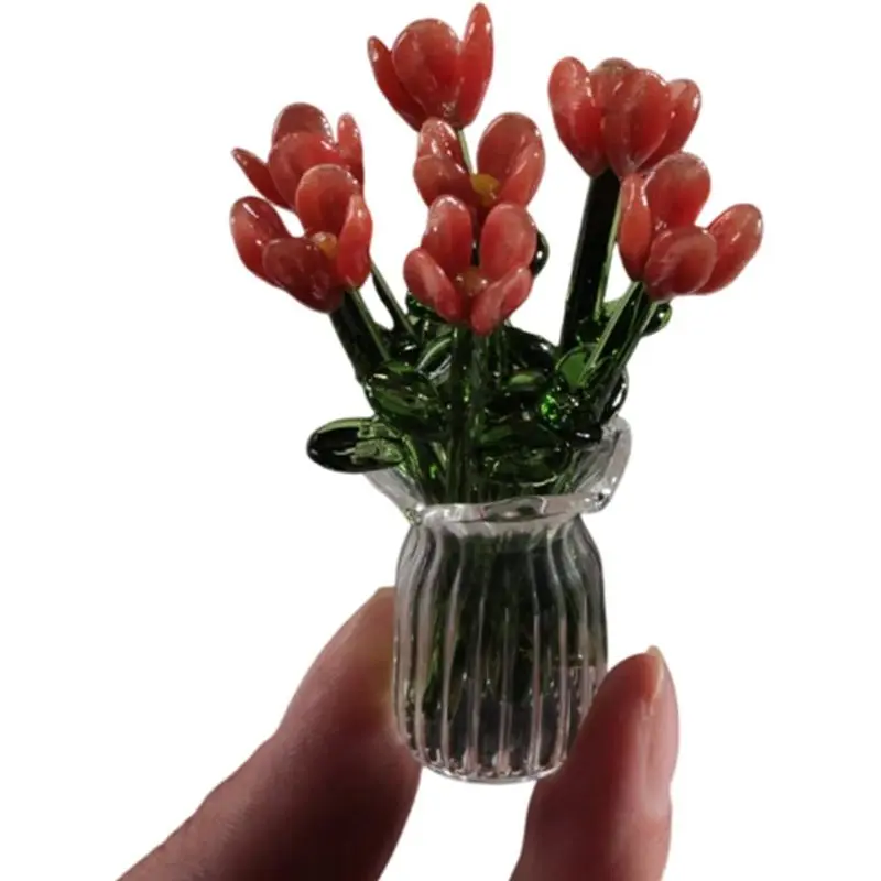 Tulip Glass Flower, Artificial Tulip, Mini Decorative Bouquet With Vase, Spring Home Decoration, Birthday, Mother'S Day, Valentine'S Day, Christmas Gift, Collectible Craft
