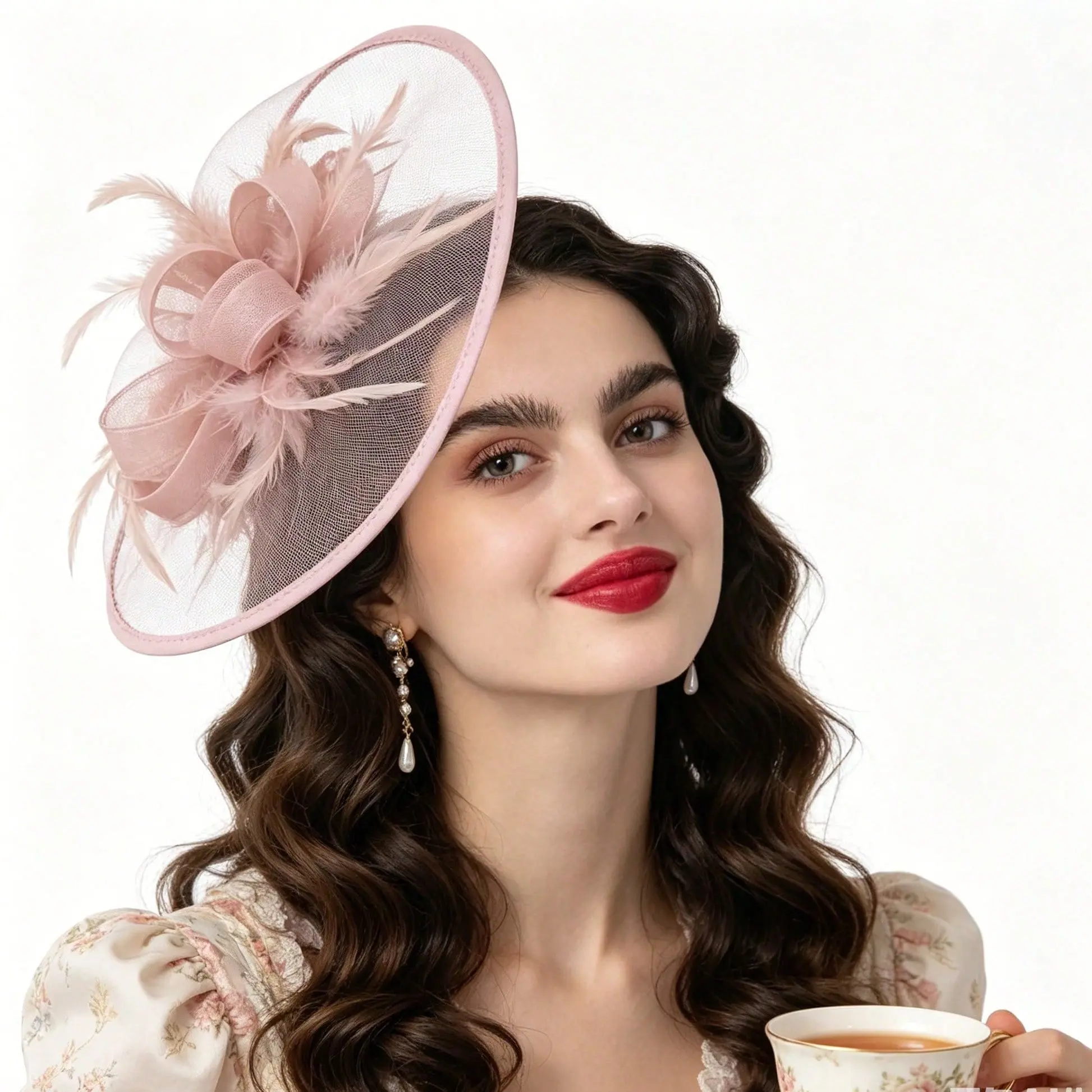 Women's Vintage Blush Pink Pillbox Hat - Soft Touch Mesh, Feather, Floral Cocktail Headpiece with Soft Net Veil for Females' Formal Events